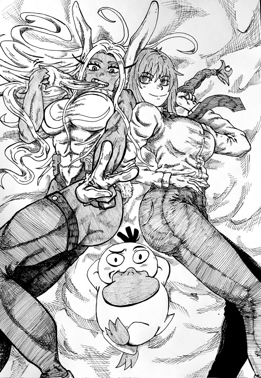 2girls animal_ears ass boku_no_hero_academia breasts chainsaw_man eindrawppsn highres huge_ass large_breasts leotard looking_at_viewer makima_(chainsaw_man) mirko monochrome multiple_girls muscular muscular_female necktie pokemon psyduck rabbit_ears thick_thighs thigh-highs thighs tight_clothes traditional_media