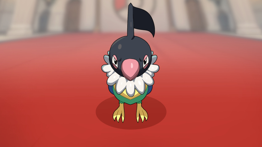 angry animal_focus bird black_eyes blurry blurry_background chatot closed_mouth commentary drunkoak english_commentary half-closed_eyes highres indoors looking_at_viewer no_humans poke_ball_symbol pokemon pokemon_(creature) solo straight-on