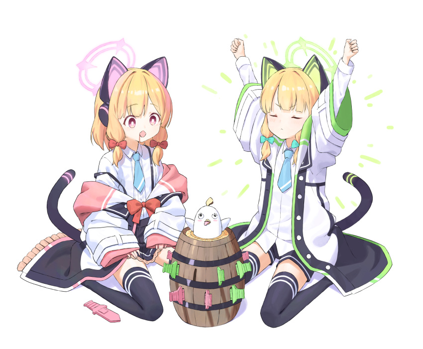 2girls animal_ear_headphones animal_ears arms_up barrel black_shorts black_skirt blonde_hair blood blood_from_mouth blue_archive blue_necktie bow bright_pupils cat_ear_headphones cat_tail closed_eyes collared_shirt cro0703 fake_animal_ears frilled_jacket frills green_bow hair_bow halo headphones highres hood hooded_jacket jacket lace-trimmed_skirt lace_trim long_sleeves midori_(blue_archive) momoi_(blue_archive) multicolored_clothes multicolored_jacket multiple_girls necktie open_mouth parted_bangs peroro_(blue_archive) pink_eyes pleated_skirt pop-up_pirate red_bow shirt shirt_tucked_in shorts siblings simple_background sisters sitting skirt suspenders tail thigh-highs toy toy_sword twins wariza white_background white_pupils white_shirt wide_sleeves