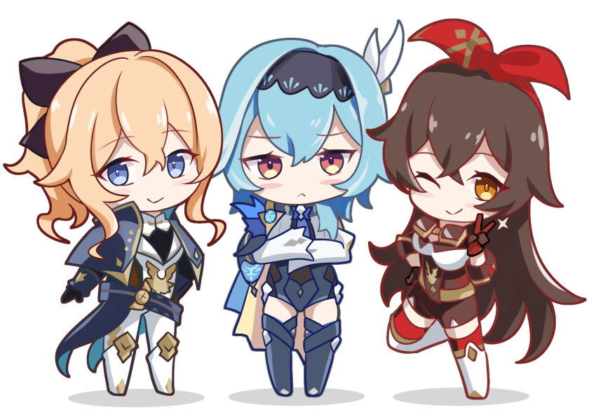 3girls amber_(100_outrider)_(genshin_impact) amber_(genshin_impact) annoyed black_bow black_hairband blonde_hair blue_eyes blue_hair blue_thighhighs boots bow brown_hair chibi closed_mouth eula_(genshin_impact) full_body genshin_impact hairband highres jean_(genshin_impact) jean_(gunnhildr's_legacy)_(genshin_impact) long_hair long_sleeves looking_at_viewer medium_hair mon-chan multiple_girls one_eye_closed pants red_bow red_thighhighs simple_background smile sparkle standing thigh-highs v white_background white_pants yellow_eyes