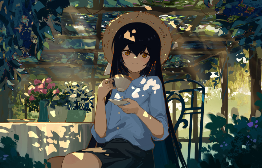1girl black_hair black_skirt blush book brown_eyes chair closed_mouth commentary_request cup dappled_sunlight flower hair_between_eyes hat highres holding holding_cup holding_saucer kgt_(pixiv12957613) leaf light_rays long_hair looking_at_viewer nib_pen_(medium) original outdoors saucer scenery school_uniform shirt sitting skirt smile solo straw_hat sunbeam sunlight table tablecloth traditional_media vase white_shirt