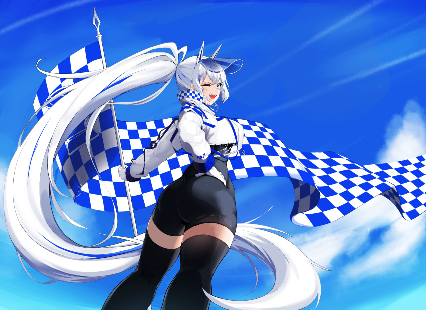 1girl ;d absurdres black_skirt black_thighhighs blue_eyes blue_sky checkered_flag clouds commentary commission english_commentary flag gloves highres long_hair long_sleeves looking_at_viewer mal_(user_yvfe5887) one_eye_closed open_mouth original outdoors ponytail racequeen skirt sky smile solo thigh-highs very_long_hair visor_cap white_gloves white_hair