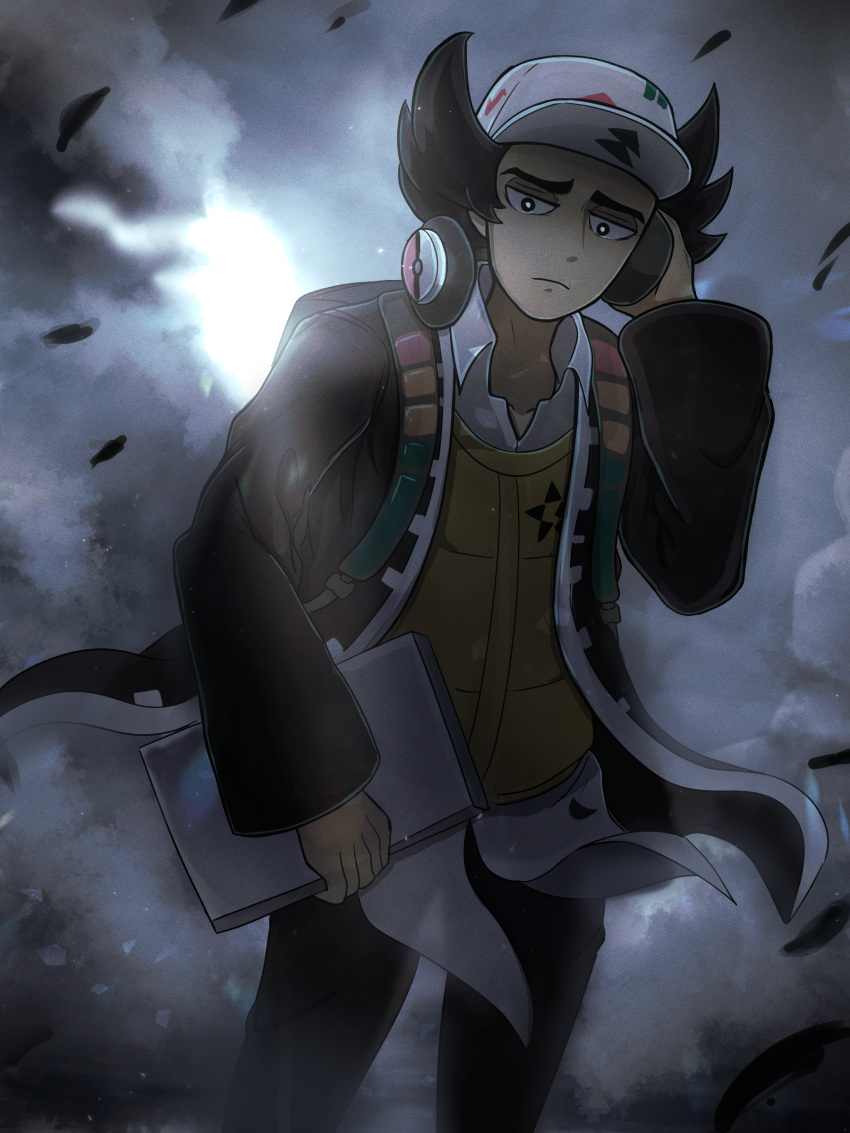 1boy absurdres akai_(nuitakai) black_eyes black_jacket black_pants bright_pupils closed_mouth collared_shirt commentary_request eyeshadow giacomo_(pokemon) hand_up hat highres holding_laptop jacket long_sleeves looking_down makeup male_focus night open_clothes open_jacket outdoors pants pointy_hair pokemon pokemon_(game) pokemon_sv shirt solo team_star vest white_shirt yellow_vest
