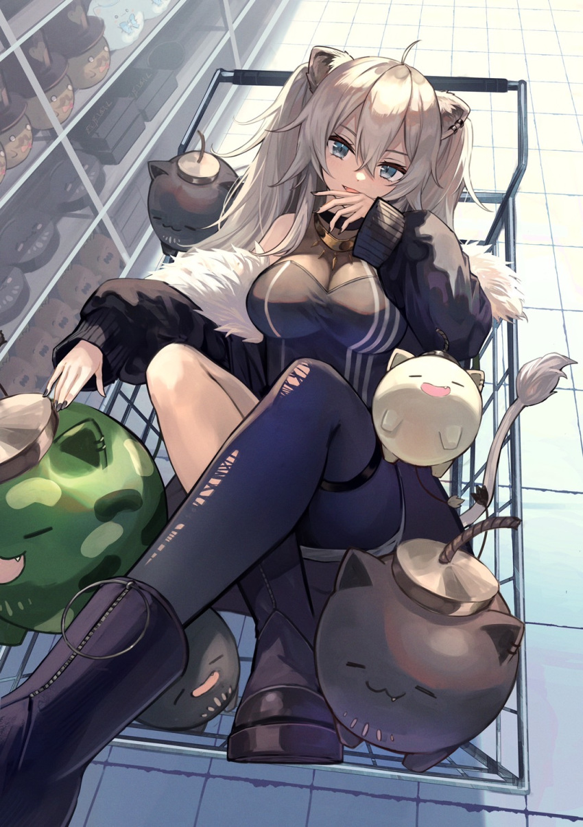 1girl ahoge animal_ears asymmetrical_legwear black_nails boots breasts fur-trimmed_jacket fur_trim grey_eyes grey_hair highres hololive in_shopping_cart jacket large_breasts lion_ears lion_tail long_hair nekko_(momosuzu_nene) shishiro_botan shopping_cart ssrb_(shishiro_botan) tail virtual_youtuber xyunx yukimin_(yukihana_lamy) zain_(omaru_polka)