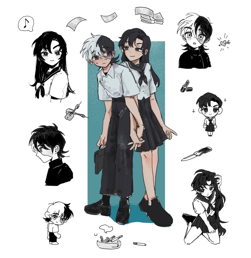 2boys ashtray b_(virusss) bag black_hair black_jack_(character) black_jack_(series) black_neckerchief black_sailor_collar black_skirt blush bright_pupils brown_eyes chibi cigarette closed_mouth collared_shirt commission cosmetics crossdressing dart eyes_visible_through_hair full_body hair_between_eyes hand_in_own_hair heart highres holding_hands knife korean_commentary lipstick_tube loafers long_hair looking_at_another looking_at_viewer makeup male_focus money multicolored_hair multiple_boys musical_note neckerchief patchwork_skin pleated_skirt red_eyes rock_(character) sailor_collar scar scar_on_face school_bag school_briefcase school_uniform seiza serafuku shirt shoes short_hair short_sleeves simple_background sitting skirt smile sparkle split-color_hair spoken_musical_note standing star_system sweat switchblade two-tone_hair undershirt white_background white_hair white_pupils white_shirt
