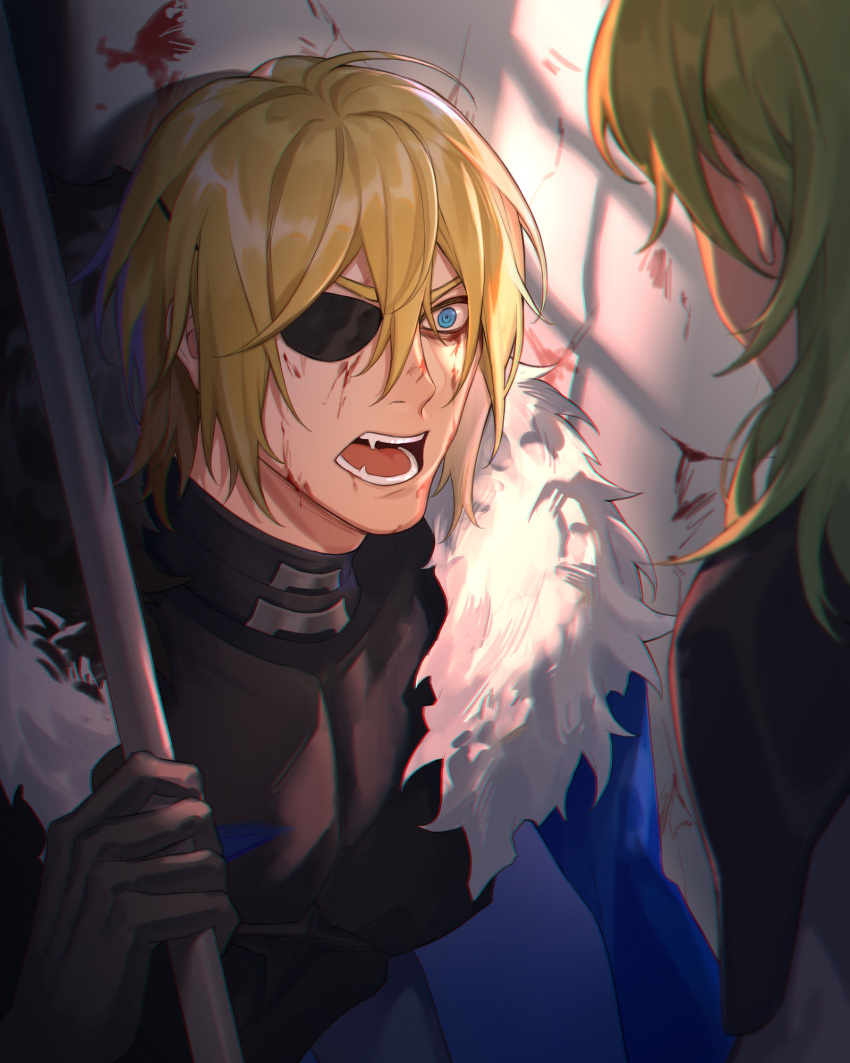 1boy 1girl armor black_armor black_gloves blonde_hair blood blood_on_face blood_on_wall blue_cape blue_eyes blurry blurry_foreground byleth_(female)_(fire_emblem) byleth_(fire_emblem) cape dimitri_alexandre_blaiddyd enlightened_byleth_(female) eyepatch fangs fire_emblem fire_emblem:_three_houses fur-trimmed_cape fur_trim gloves green_hair hair_between_eyes highres kyounatsuuu looking_at_another medium_hair open_mouth short_hair shouting upper_body v-shaped_eyebrows wide-eyed