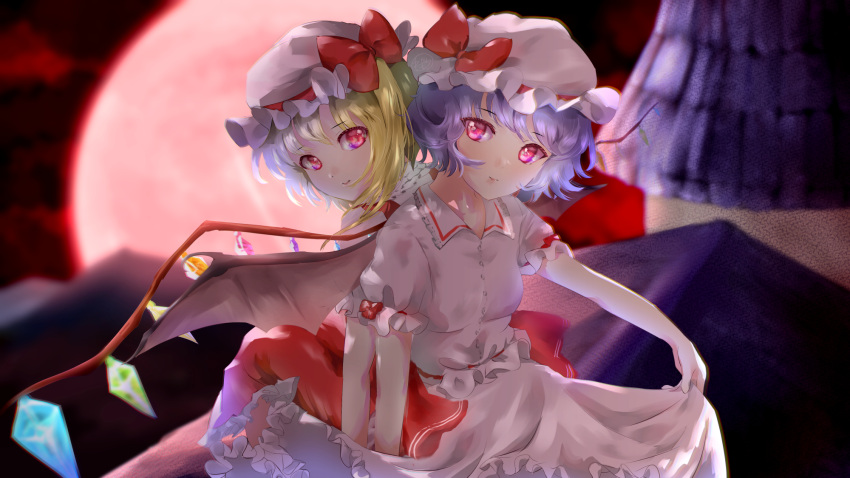 2girls back-to-back bat_wings blonde_hair bow breasts closed_mouth crystal dress flandre_scarlet hair_bow hat highres k1m1dor1 light_smile mob_cap moon multiple_girls night night_sky on_roof one_side_up outdoors pink_eyes purple_hair red_bow red_moon remilia_scarlet siblings sisters sitting_on_roof sky small_breasts swept_bangs touhou white_dress wings