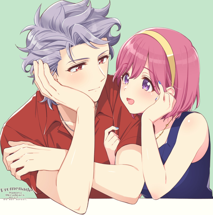 1boy 1girl artist_name bare_shoulders blue_nails blue_shirt blush bob_cut closed_mouth collared_shirt couple crossed_arms dated green_background grey_hair hair_between_eyes hairband hand_in_own_hair head_on_hand hetero holding_another's_arm jewelry krudears looking_at_another nail_polish necklace open_mouth pink_hair protagonist_(tokimemo_gs3) red_eyes red_shirt shirt shitara_seiji short_hair short_sleeves sleeveless sleeveless_shirt smile tokimeki_memorial tokimeki_memorial_girl's_side_3rd_story twitter_username upper_body violet_eyes yellow_hairband