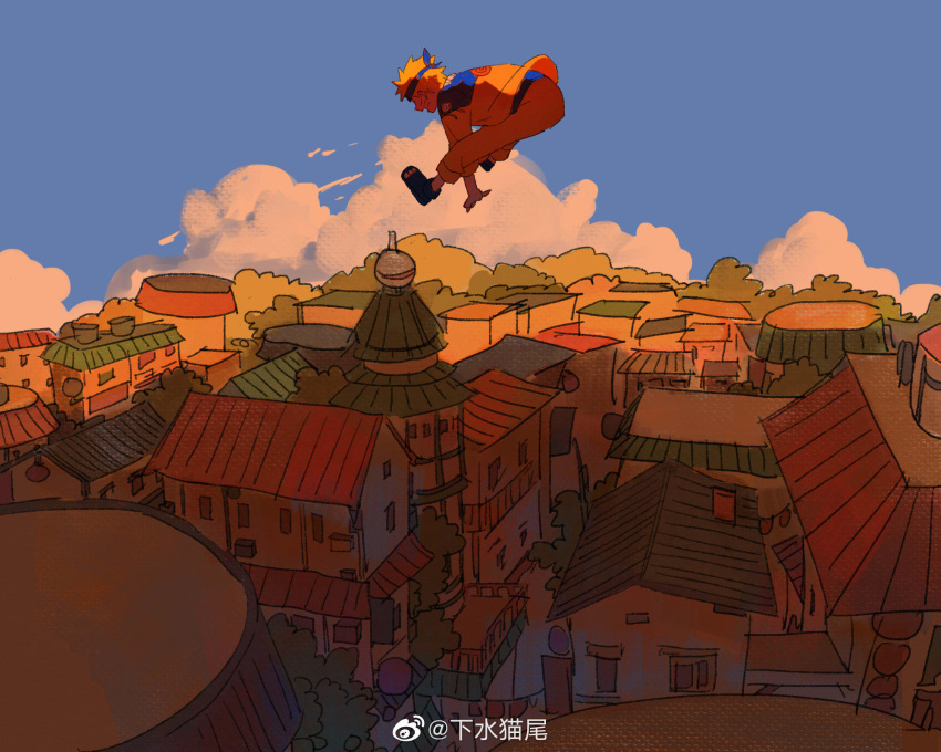 1boy blonde_hair blue_sky from_above from_side highres house jumping male_focus midair myyykco naruto_(series) scenery shirt short_hair sky solo uzumaki_naruto
