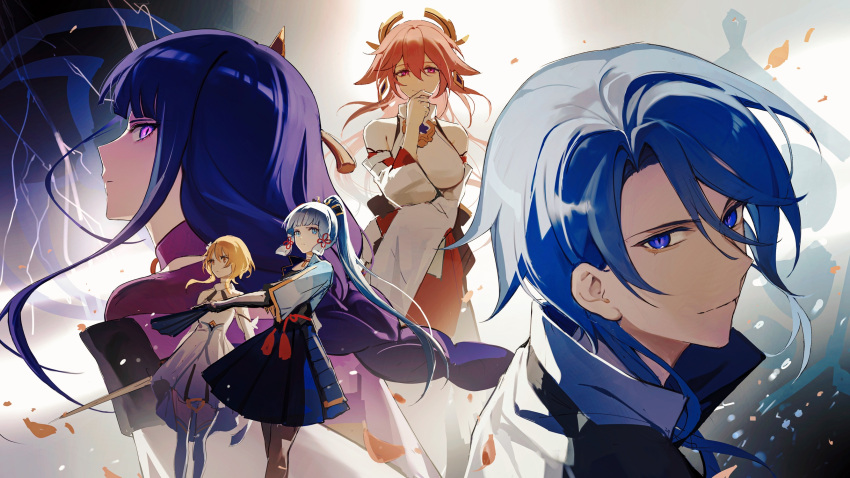 1boy 4girls animal_ears autumn_leaves blonde_hair blue_eyes blue_hair braid close-up earrings genshin_impact hair_ornament highres holding japanese_clothes jewelry kamisato_ayaka kamisato_ayato leaf lightning long_braid long_hair looking_at_viewer looking_to_the_side lumine_(genshin_impact) multiple_girls orange_eyes pink_hair ponytail purple_hair qinglai_haiji raiden_shogun short_hair simple_background sword tomoe_(symbol) violet_eyes weapon yae_miko