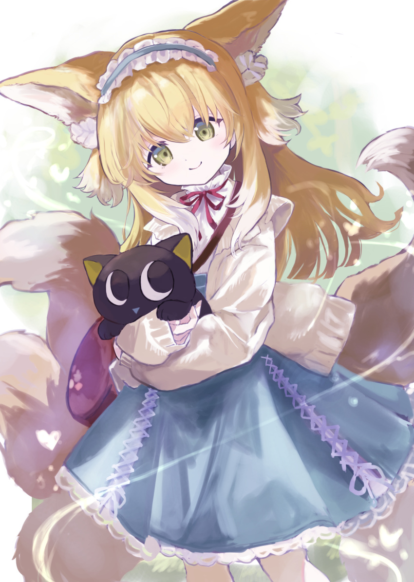 1girl animal_ear_fluff animal_ears arknights bag black_cat blonde_hair blue_hairband blue_skirt brown_bag cardigan cat commentary_request crossover feet_out_of_frame fox_ears fox_girl fox_tail frilled_hairband frills green_eyes hair_ornament hair_scrunchie hairband high-waist_skirt highres kataageteto kitsune kyuubi long_hair long_sleeves luo_xiaohei luo_xiaohei_zhanji multicolored_hair multiple_tails neck_ribbon official_alternate_costume open_cardigan open_clothes puffy_long_sleeves puffy_sleeves red_ribbon ribbon scrunchie shirt shoulder_bag skirt sleeves_past_wrists smile solo stitches suzuran_(arknights) suzuran_(spring_praise)_(arknights) tail two-tone_hair white_hair white_shirt yellow_cardigan