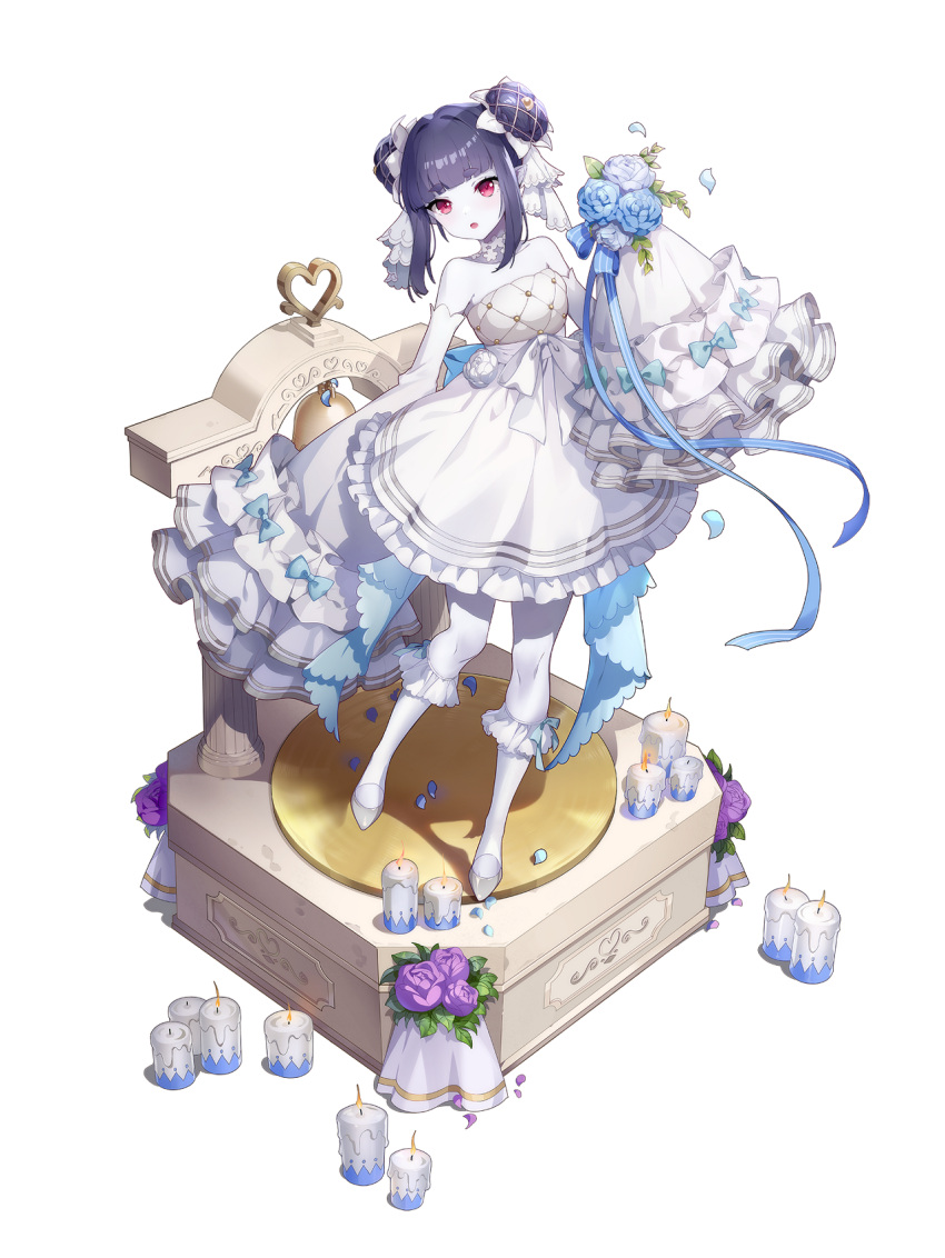 1girl :o artist_request bare_shoulders bell blue_flower blue_hair bow candle colored_skin detached_sleeves double_bun dress eversoul flat_chest flower frilled_dress frilled_sleeves frills full_body game_cg hair_bun highres hime_cut jiangshi long_sleeves looking_at_viewer nini_(eversoul) official_alternate_costume official_alternate_hairstyle purple_flower red_eyes ribbon short_hair sleeves_past_fingers sleeves_past_wrists solo standing strapless strapless_dress tachi-e transparent_background wedding_dress white_dress white_flower white_footwear