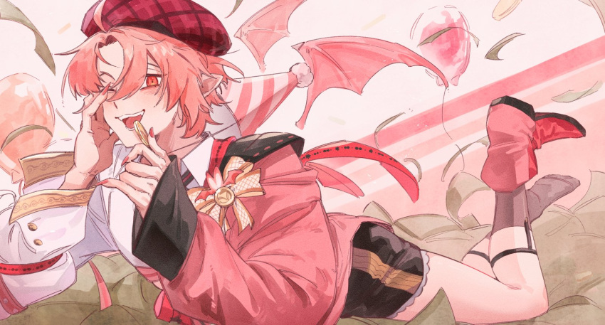 1boy androgynous aster_(nu_carnival) asymmetrical_sleeves balloon beret black_shorts blush coin demon_wings gom_pop hat holding holding_coin holding_money long_sleeves looking_at_viewer lying male_focus money nu_carnival on_stomach one_eye_closed otoko_no_ko party_hat pink_eyes pink_footwear pink_hair pink_nails pointy_ears red_headwear short_hair shorts smile vampire wings