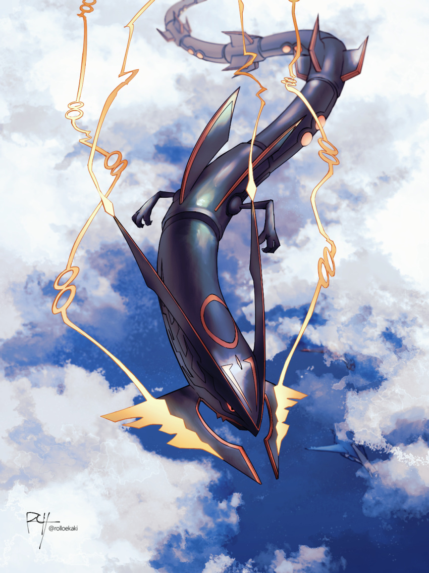 above_clouds alternate_color black_sclera claws clouds colored_sclera commentary_request dragon eastern_dragon flying highres horns mega_pokemon mega_rayquaza no_humans outdoors pokemon pokemon_(creature) rayquaza red_eyes rolloekaki shiny_pokemon signature solo watermark