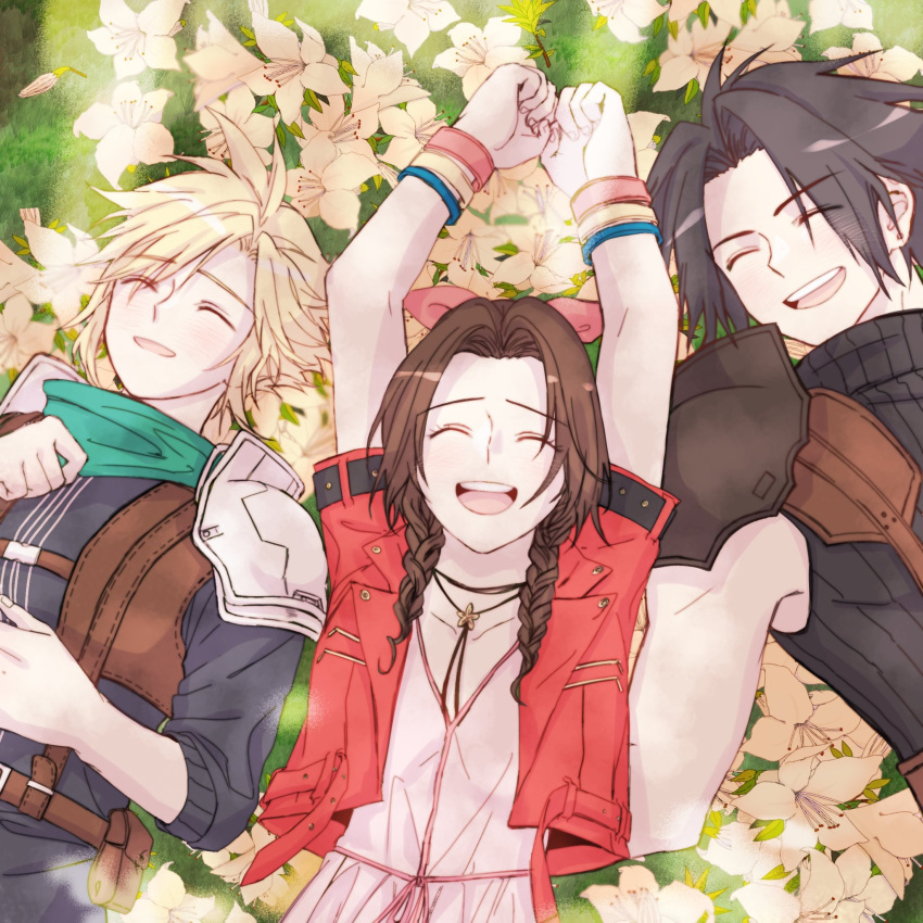 1girl 2boys aerith_gainsborough armor arms_behind_head bangle black_shirt blonde_hair blue_shirt bracelet choker closed_eyes cloud_strife crisis_core_final_fantasy_vii cropped_jacket damso dress earrings field final_fantasy final_fantasy_vii final_fantasy_vii_remake flower flower_choker flower_field green_scarf hair_ribbon happy harness highres jacket jewelry laughing lily_(flower) long_hair lying multiple_boys on_back open_mouth parted_bangs parted_lips pink_dress pink_ribbon red_jacket ribbon scarf shirt short_hair short_sleeves shoulder_armor sidelocks single_earring sleeveless sleeveless_turtleneck sleeves_rolled_up smile spiky_hair suspenders teeth turtleneck upper_body upper_teeth_only yellow_flower zack_fair