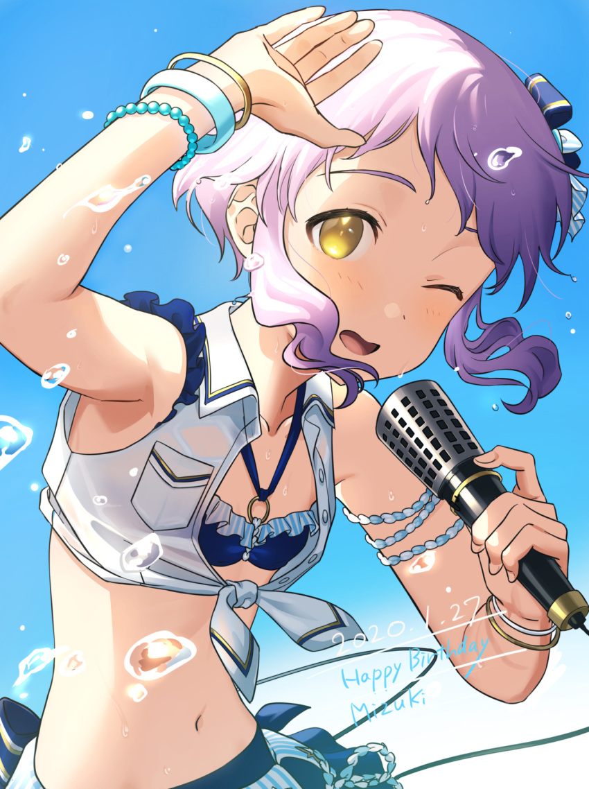 1girl arm_up armpits bead_bracelet beads bikini blue_bikini blue_skirt blue_sky bow bracelet breast_pocket breasts buttons cable character_name collarbone commentary_request dated day frilled_bikini frills hair_bow happy_birthday highres holding holding_microphone idolmaster idolmaster_million_live! idolmaster_million_live!_theater_days jewelry light_blush looking_at_viewer makabe_mizuki microphone mimizubare navel o-ring o-ring_top one_eye_closed open_clothes open_mouth open_shirt pocket purple_hair shirt short_hair sidelocks skirt sky sleeveless sleeveless_shirt small_breasts smile solo stomach sunlight swimsuit tied_shirt upper_body water_drop wavy_hair wet wet_clothes white_shirt yellow_eyes