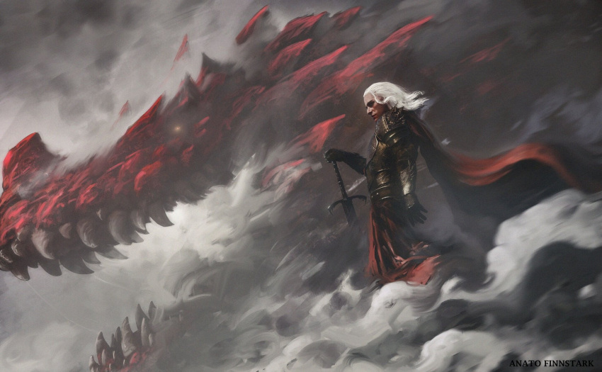 1boy a_song_of_ice_and_fire anato_finnstark cape daemon_targaryen dragon game_of_thrones glowing glowing_eyes gold_armor highres holding holding_sword holding_weapon long_hair looking_at_viewer male_focus medieval monster realistic red_cape signature steam sword weapon white_hair