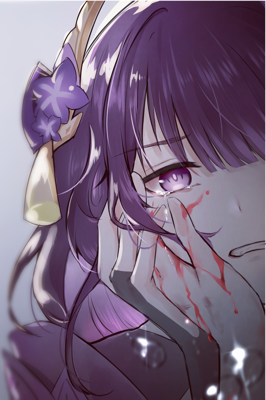 2girls absurdres blood blood_on_face blood_on_hands clenched_hand close-up crying genshin_impact grey_background hair_ornament hand_on_another's_head highres holding_hands japanese_clothes makoto_(genshin_impact) multiple_girls purple_hair raiden_shogun sad siblings simple_background sisters streaming_tears teardrop tearing_up tears twins violet_eyes wocalei2