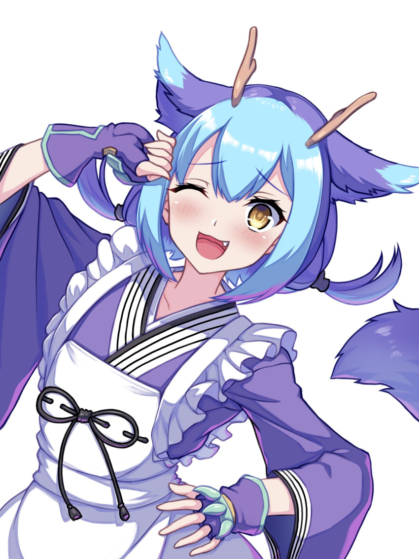 1girl apron blue_hair dragon_girl dragon_horns dragon_tail dress duel_monster fang gloves highres horns lace-trimmed_apron lace_trim laundry_dragonmaid long_sleeves maid maid_apron open_mouth short_hair smile tail takkayuuki wa_maid yellow_eyes yellow_horns yu-gi-oh! yu-gi-oh!_master_duel