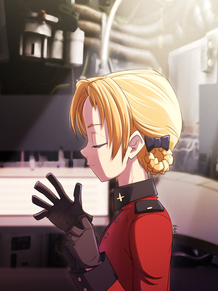1girl absurdres artist_name black_bow black_gloves blurry blurry_background bow closed_eyes closed_mouth commentary dated from_side girls_und_panzer glove_pull gloves hair_bow highres inisipis jacket long_sleeves military military_uniform military_vehicle motor_vehicle orange_hair orange_pekoe_(girls_und_panzer) parted_bangs red_jacket short_hair signature solo st._gloriana's_military_uniform tank uniform upper_body