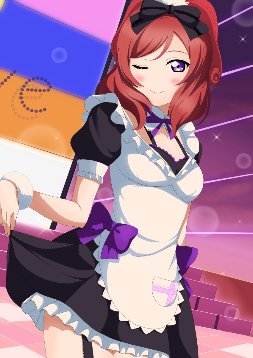 1girl absurdres alternate_costume apron black_bow blush bow closed_mouth commentary_request dress enmaided hair_bow highres looking_at_viewer love_live! love_live!_school_idol_project maid maid_apron medium_hair mogyutto_"love"_de_sekkin_chuu! nishikino_maki one_eye_closed puffy_short_sleeves puffy_sleeves redhead short_dress short_sleeves skirt_hold smile solo violet_eyes zanpon