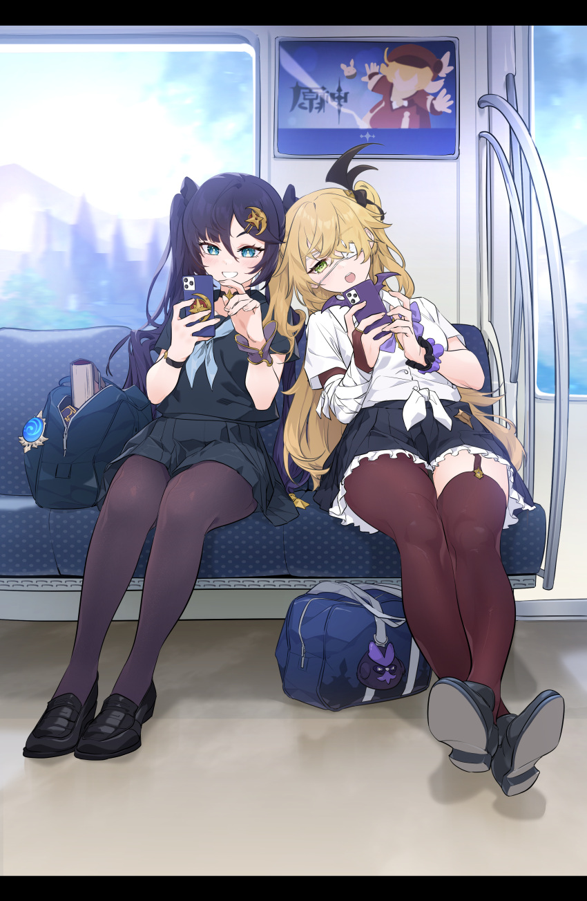 2girls absurdres bag bird black_footwear black_hair black_ribbon black_shirt black_skirt blonde_hair blush bow bowtie cellphone crow eyepatch fischl_(genshin_impact) garter_straps genshin_impact gloves green_eyes hair_ornament hair_over_one_eye hair_ribbon high_heels highres jjjsss jumpy_dumpty klee_(genshin_impact) long_hair mona_(genshin_impact) multiple_girls neckerchief open_mouth oz_(genshin_impact) pantyhose phone pleated_skirt purple_bow purple_ribbon ribbon school_bag school_uniform shirt single_leg_pantyhose single_thighhigh skirt smartphone smile star_(symbol) star_hair_ornament thigh-highs train_interior twintails two_side_up vision_(genshin_impact) white_shirt