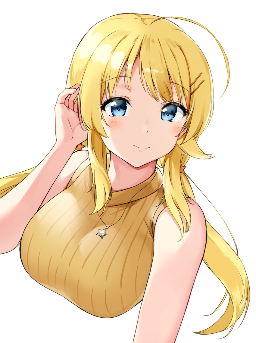 1girl ahoge bare_shoulders blonde_hair blue_eyes blush breasts cropped_torso dot_nose hachimiya_meguru hair_ornament hairclip hand_on_own_face highres idolmaster idolmaster_shiny_colors jewelry large_breasts long_hair looking_at_viewer low_twintails minikon necklace simple_background sleeveless sleeveless_sweater smile solo star_(symbol) star_necklace sweater twintails upper_body white_background yellow_sweater