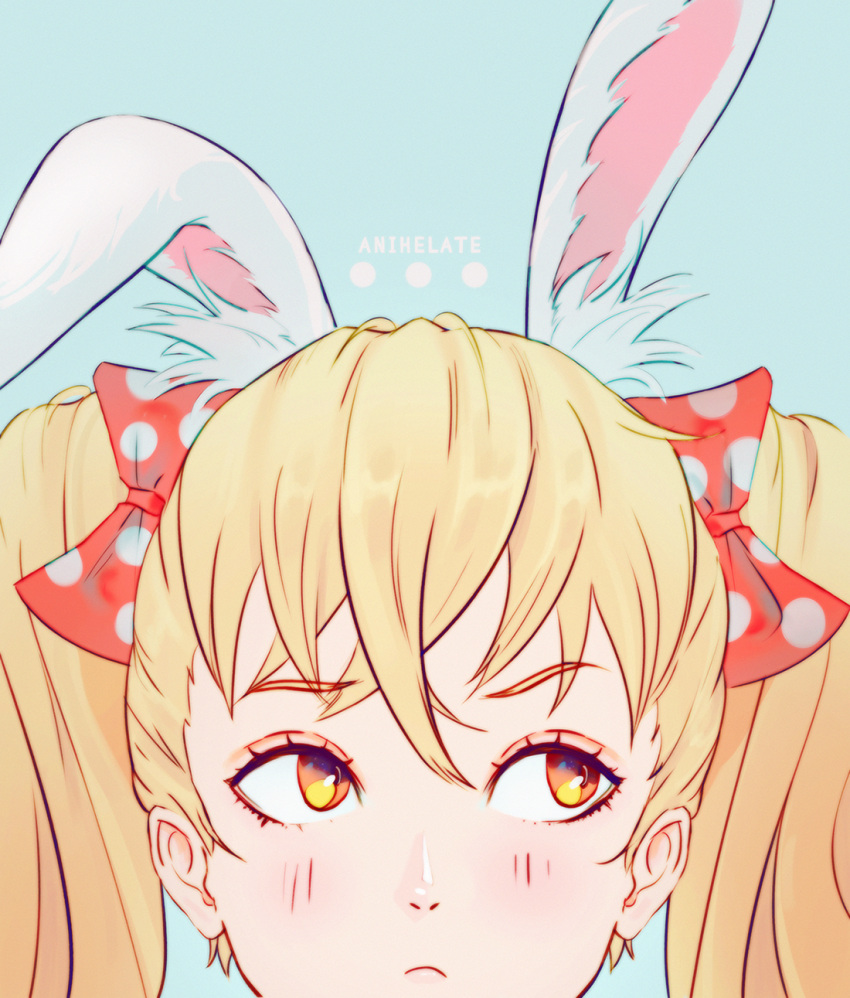 1girl anihelate animal_ear_fluff animal_ears artist_name blonde_hair blue_background bow commentary frown hair_bow highres looking_to_the_side orange_eyes original polka_dot polka_dot_bow portrait rabbit_ears raised_eyebrow solo symbol-only_commentary twintails