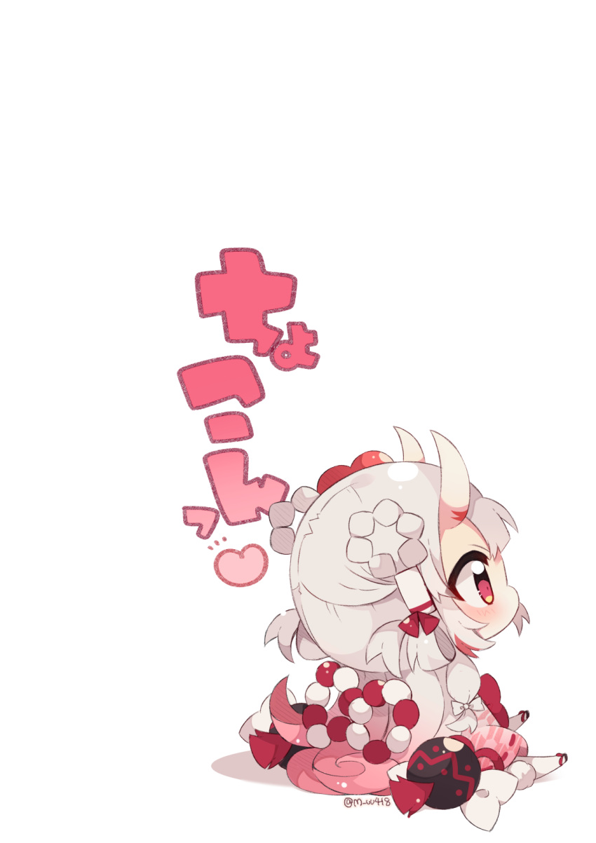 1girl braid chibi commentary_request flower gradient_hair grey_hair hair_flower hair_ornament hair_rings highres hololive horns looking_away multicolored_hair muuran nakiri_ayame negative_space oni oni_horns profile red_eyes red_flower redhead shadow simple_background sitting solo thigh-highs translation_request twin_braids twitter_username virtual_youtuber white_background white_thighhighs