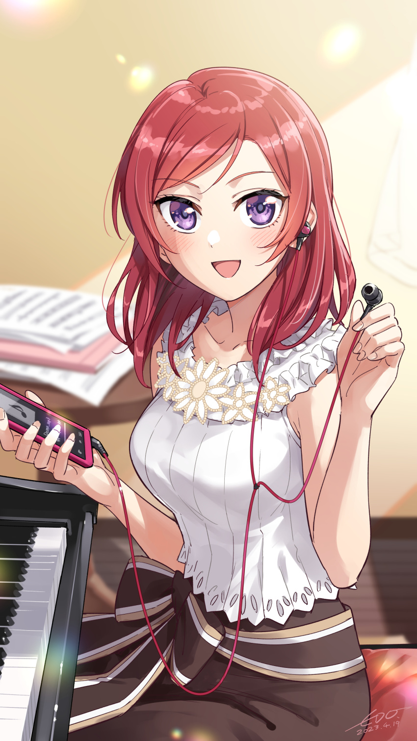 1girl absurdres blush breasts brown_skirt cellphone commentary_request earphones earphones highres holding holding_phone instrument looking_at_viewer love_live! love_live!_school_idol_project medium_breasts medium_hair nishikino_maki phone piano redhead shirt sitting skirt sleeveless sleeveless_shirt smartphone solo violet_eyes wedo white_shirt