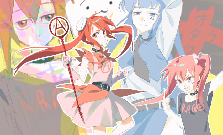 2girls :d ahoge anarchy_(magical_destroyers) anarchy_symbol belt black_shirt blue_(magical_destroyers) blue_eyes blue_hair blue_skirt bow choker collar commentary_request cowboy_shot dress finger_gun gloves hair_bow highres knee_up light_smile long_hair mahou_shoujo_magical_destroyers middle_finger multiple_girls multiple_views necktie pink_dress pink_gloves ray89819122 red_eyes redhead shirt shoboon skirt smile spiked_collar spikes twintails upper_body wand