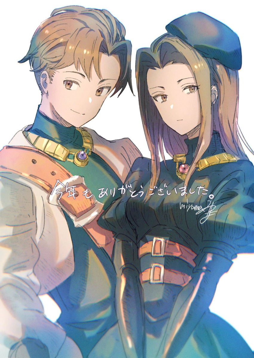 1boy 1girl black_dress black_headwear breasts brother_and_sister brown_eyes brown_hair catiua_powell closed_mouth denim_powell dress gloves highres jewelry long_hair looking_at_viewer miyama_(lacrima01) necklace siblings simple_background smile tactics_ogre white_background