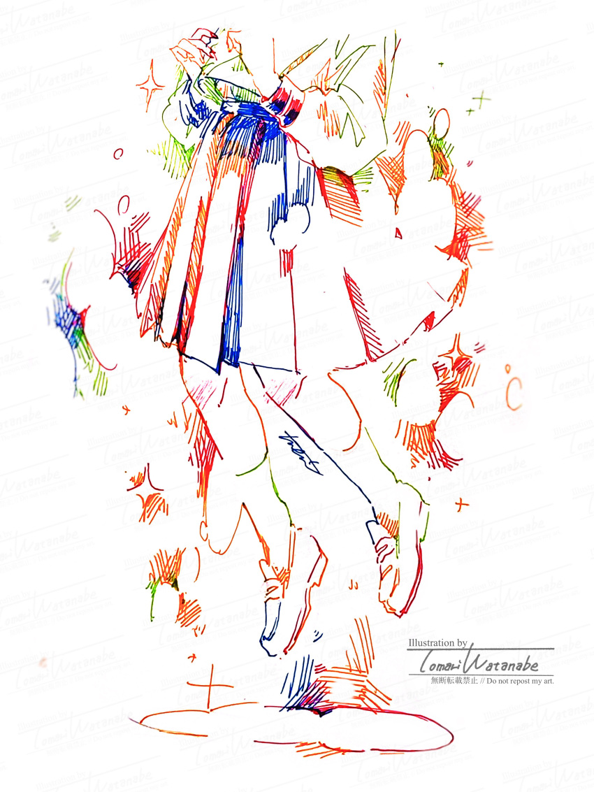 1girl absurdres artist_name colorful commentary_request floating hatching_(texture) highres loafers long_sleeves lower_body original pleated_skirt shirt shoes skirt socks solo sparkle traditional_media watanabe_tomari watermark white_background