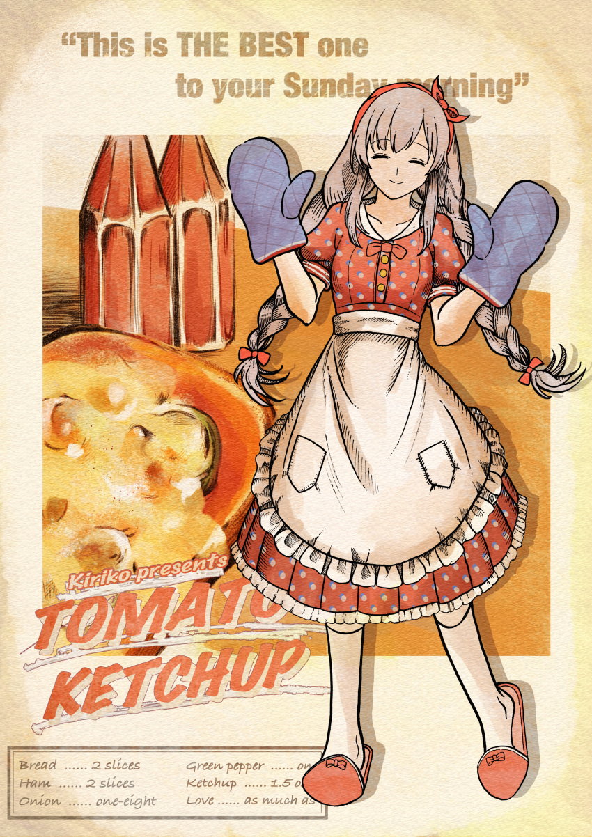 1girl ^_^ absurdres apron bow braid breasts closed_eyes closed_mouth collarbone dress english_text frilled_apron frilled_dress frills full_body grey_hair hair_bow hair_ribbon hands_up highres idolmaster idolmaster_shiny_colors ketchup long_hair looking_at_viewer medium_breasts oven_mitts pizza_toast polka_dot polka_dot_dress red_dress red_ribbon ribbon short_sleeves sidelocks slippers smile socks solo text_background twin_braids twintails usui_hal white_apron white_socks yukoku_kiriko