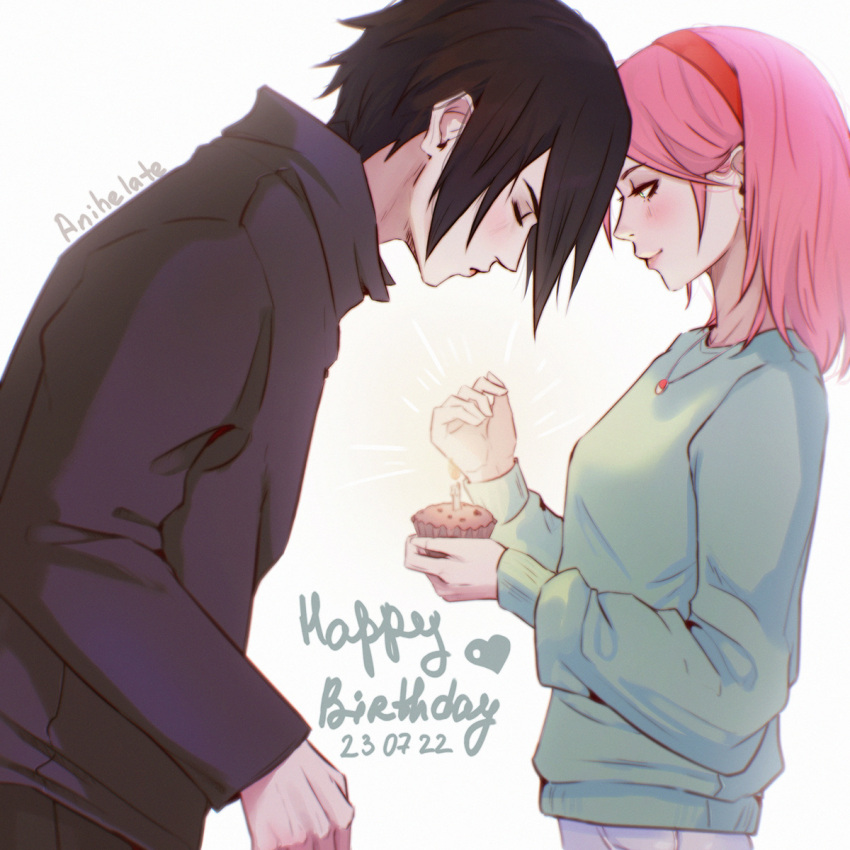 1boy 1girl anihelate artist_name black_hair blowing_candle blue_sweater blush breasts candle casual closed_eyes closed_mouth commentary couple cupcake dated eyelashes fire flame food from_side green_eyes green_sweater hair_behind_ear hairband hand_up happy_birthday haruno_sakura head_down headband highres holding holding_food jewelry leaning_forward long_bangs long_sleeves medium_breasts medium_hair naruto_(series) naruto_shippuuden necklace pendant pink_hair red_hairband red_headband signature simple_background smile sweater symbol-only_commentary uchiha_sasuke white_background