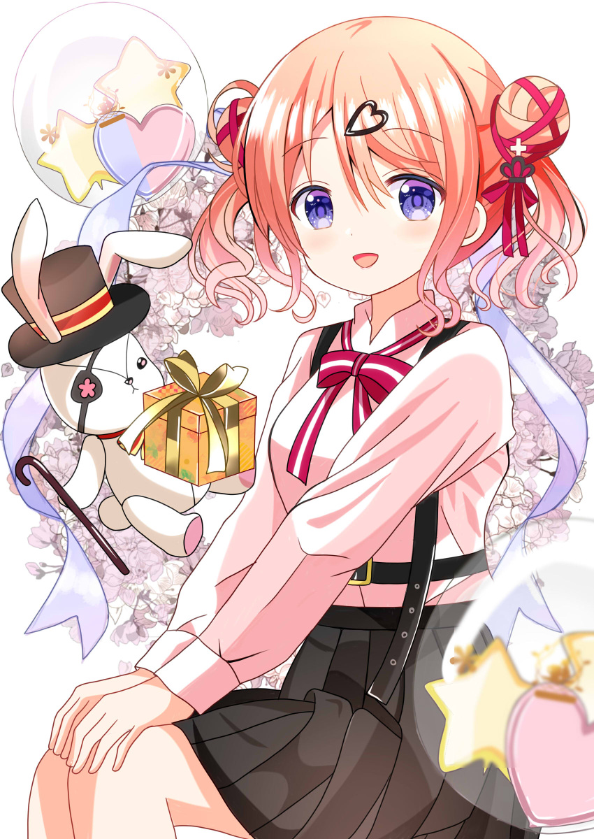 1girl :d absurdres black_headwear black_skirt commentary_request double_bun feet_out_of_frame gochuumon_wa_usagi_desu_ka? hair_between_eyes hair_bun hair_ornament hairclip hat heart highres hoto_cocoa light_brown_hair long_sleeves looking_at_viewer parted_bangs pleated_skirt ryoutan shirt simple_background skirt smile solo star_(symbol) stuffed_animal stuffed_rabbit stuffed_toy suspender_skirt suspenders top_hat twintails violet_eyes white_background white_shirt