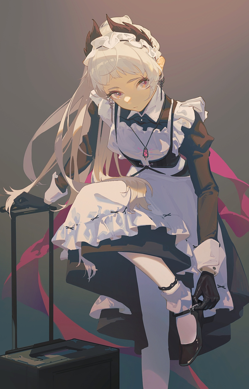 1girl apron arknights black_dress black_footwear black_gloves closed_mouth collared_dress dress earrings expressionless feather_hair foot_out_of_frame gloves grey_background grey_eyes grey_hair highres irene_(arknights) irene_(voyage_of_feathers)_(arknights) jewelry long_hair long_sleeves looking_at_viewer maid_apron maid_headdress official_alternate_costume pendant ponytail scar scar_across_eye scar_on_face shoes simple_background sleeve_cuffs socks solo suitcase white_apron white_socks yuyumu