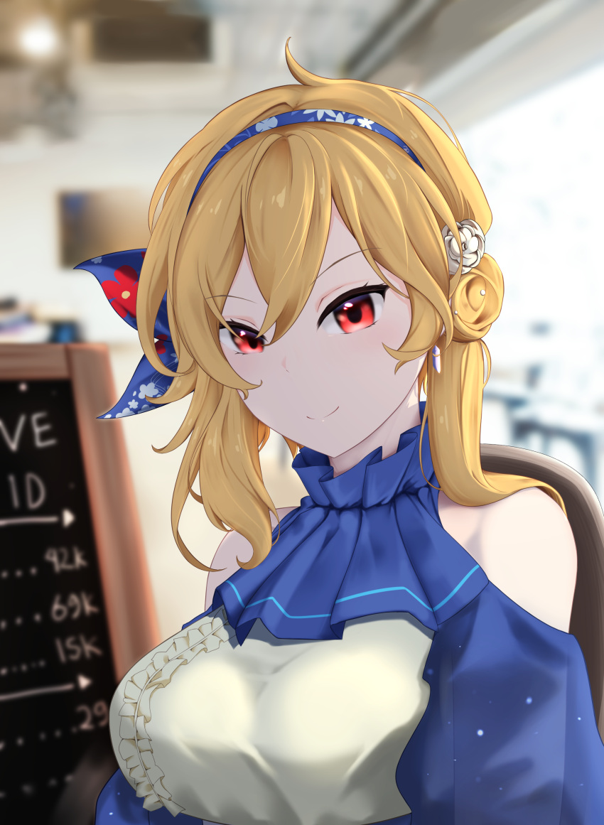 1girl absurdres blonde_hair blue_dress blurry blurry_background cafe dress earrings firen_inferno hair_bun hair_ornament hair_ribbon highres hololive hololive_indonesia jewelry kaela_kovalskia looking_at_viewer red_eyes ribbon smile virtual_youtuber