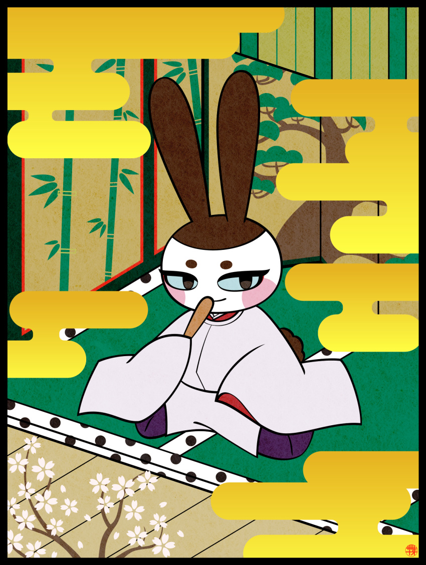 1boy animal_crossing bamboo_print blue_eyes branch cherry_blossoms clouds egasumi furry furry_male genji_(animal_crossing) highres holding japanese_clothes kneeling marking_on_cheek no_humans rabbit ritual_baton sasakinao smile solo thick_eyebrows tree_print wide_sleeves