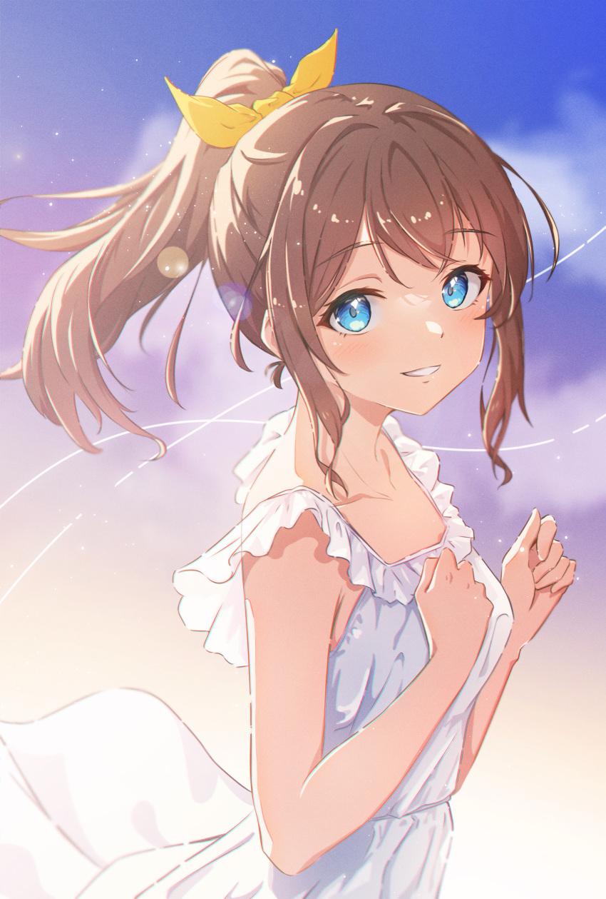 1girl absurdres backlighting bang_dream! bare_arms blue_eyes blue_sky blurry breasts brown_hair chromatic_aberration clouds collarbone commentary depth_of_field dress evening frilled_dress frills from_side gradient_sky grin hair_ribbon highres light_blush light_particles looking_at_viewer looking_to_the_side medium_breasts medium_hair negoma54 outdoors parted_lips ponytail purple_sky ribbon sidelocks sky sleeveless sleeveless_dress smile solo standing sundress upper_body white_dress yamabuki_saya yellow_ribbon