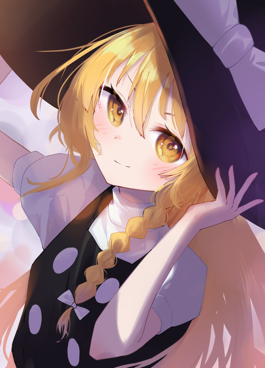 1girl absurdres black_headwear black_vest blonde_hair blush bow braid closed_mouth commentary hair_between_eyes hair_bow hands_up hat hat_bow highres kirisame_marisa ksagi long_hair looking_at_viewer shirt single_braid smile solo touhou turtleneck upper_body vest white_bow white_shirt witch_hat yellow_eyes