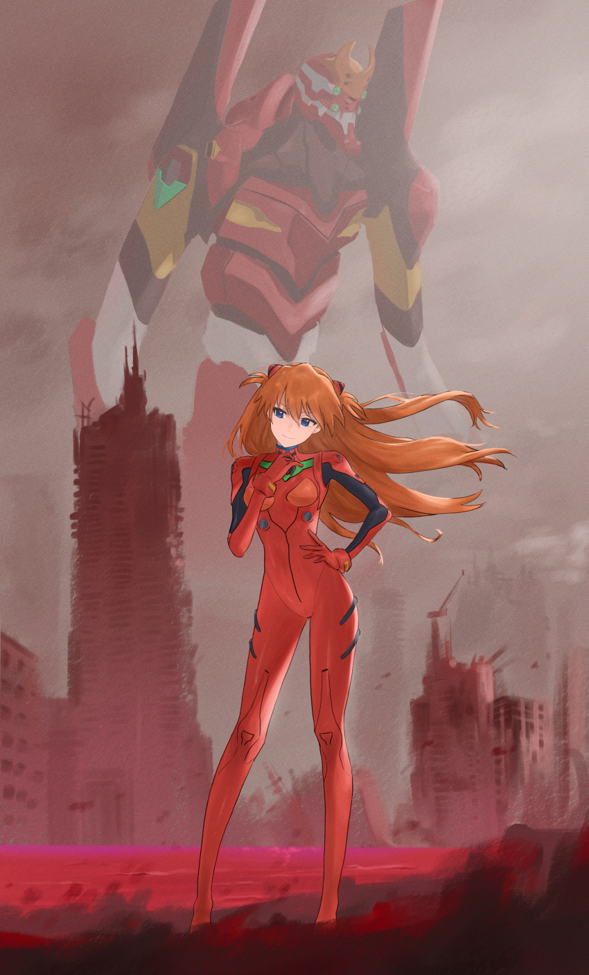 1girl absurdres blue_eyes bodysuit clip_studio_paint_(medium) closed_mouth commentary_request e_ga_ku eva_02 evangelion_(mecha) floating_hair gloves hair_ornament hand_on_own_hip highres interface_headset long_hair looking_away mixed-language_commentary neon_genesis_evangelion orange_hair pilot_suit plugsuit red_bodysuit red_gloves skin_tight smile solo souryuu_asuka_langley standing two_side_up