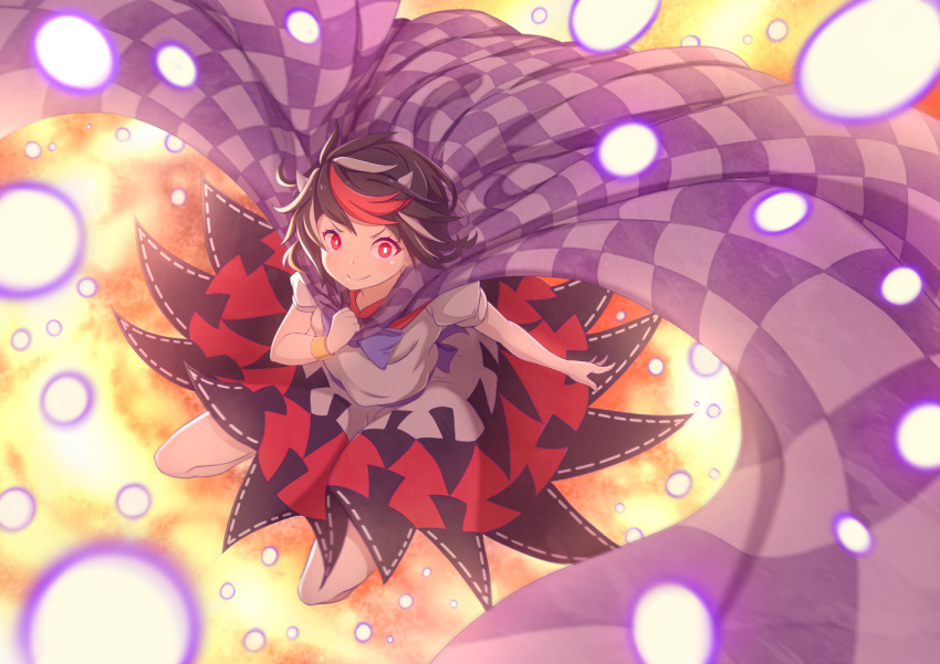 1girl arrow_print black_hair bright_pupils cloak closed_mouth commentary_request dress full_body horns impossible_spell_card kijin_seija multicolored_clothes multicolored_dress multicolored_hair nimble_fabric red_eyes redhead short_hair smile solo spell_card streaked_hair touhou white_hair white_pupils zeolch