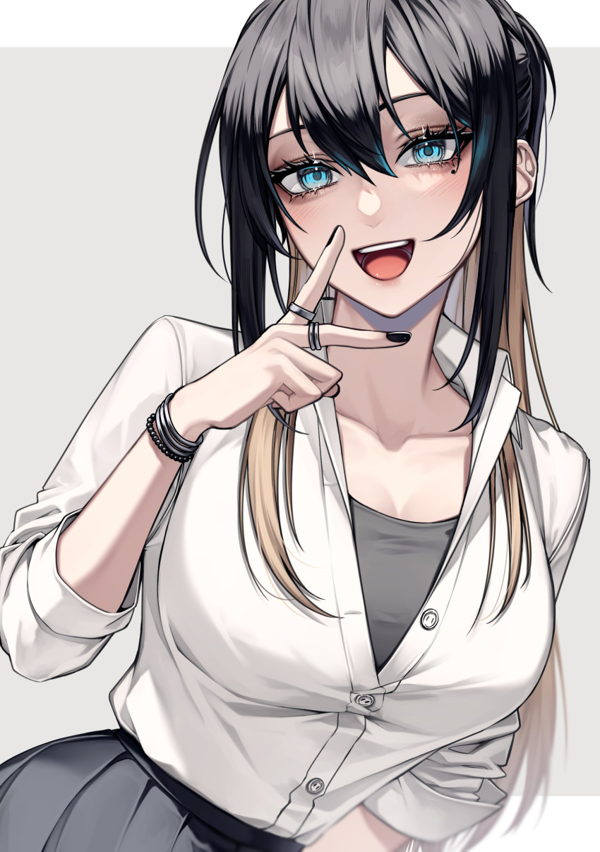 1girl absurdres black_hair black_nails blonde_hair blue_eyes blue_hair commentary copyright_request dress_shirt forute_na grey_skirt half_updo highres jewelry long_hair mole mole_under_eye multicolored_hair ring shirt skirt solo symbol-only_commentary v_over_eye