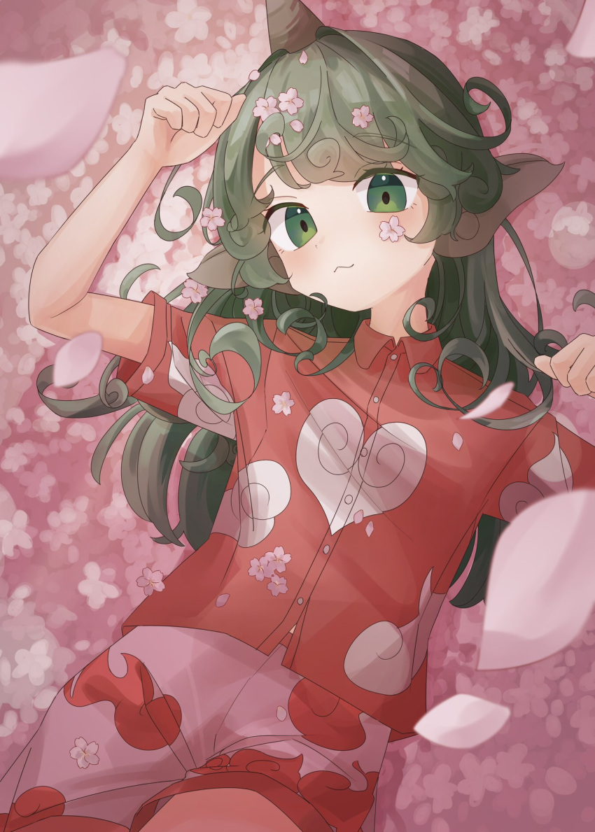 1girl :3 blush cherry_blossoms closed_mouth cloud_print commentary_request cover cowboy_shot curly_hair flower green_eyes green_hair hands_up highres horns kariyushi_shirt komano_aunn long_hair looking_at_viewer lying on_back petals pink_flower red_shirt shirt single_horn smile solo touhou tutuntudenden