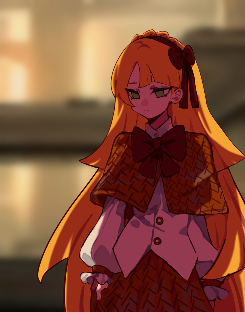 1girl blonde_hair brown_capelet brown_hairband brown_ribbon brown_skirt capelet closed_mouth commentary_request cowboy_shot er_hea frilled_sleeves frills green_eyes hair_ribbon hairband highres lobotomy_corporation long_hair long_sleeves neck_ribbon project_moon ribbon shirt skirt solo tiphereth_a_(project_moon) white_shirt