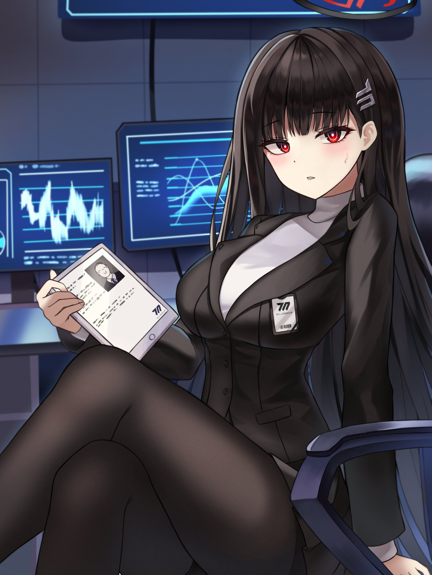 1girl absurdres arona's_sensei_doodle_(blue_archive) black_hair black_jacket black_pantyhose black_skirt blue_archive breasts bright_pupils crossed_legs hair_ornament hairclip hamu_(hvmzld123) highres holding holding_tablet_pc id_card jacket large_breasts long_hair looking_at_viewer monitor multiple_monitors pantyhose red_eyes rio_(blue_archive) sensei_(blue_archive) sitting skirt solo sweatdrop sweater tablet_pc turtleneck turtleneck_sweater very_long_hair white_pupils white_sweater