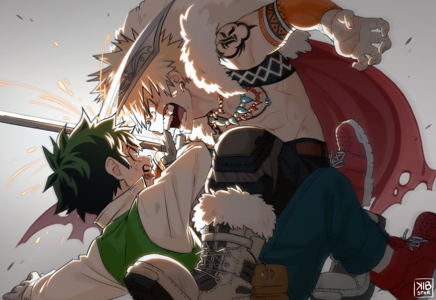 2boys afterimage alternate_eye_color alternate_universe angry ankle_boots arm_support artist_name bakugou_katsuki belt between_legs black_pants blonde_hair blue_pants body_markings boku_no_hero_academia boots brown_belt cape commentary cross-laced_footwear crossed_swords cutlass detached_sleeves eye_contact face-to-face fighting floating_cape freckles from_side full_body fur-trimmed_boots fur-trimmed_cape fur_trim furious gloves gradient_background green_eyes green_hair green_vest grey_background grey_footwear grey_gloves hands_up head_down highres holding holding_sword holding_weapon jewelry kibstar knee_pads knee_up leaning_forward leg_up light long_sleeves looking_at_another male_focus midoriya_izuku multiple_boys multiple_necklaces necklace no_shirt official_alternate_costume open_mouth orange_eyes outstretched_arm pants pouch profile reclining red_cape red_footwear scratches shirt short_hair socks sparks spiky_hair squatting sword sword_fight tooth_earrings tooth_necklace torn_cape torn_clothes triangle_print v-shaped_eyebrows vest weapon white_shirt white_socks