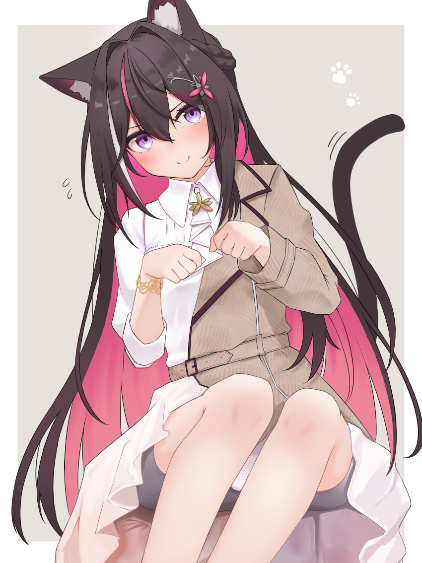 1girl absurdres animal_ears azki_(hololive) black_hair blazer blush bracelet cat_ears cat_girl cat_tail collared_shirt colored_inner_hair dress hair_between_eyes hair_ornament hairclip highres hololive jacket jewelry micon multicolored_hair paw_pose pink_hair shirt sitting smile solo streaked_hair tail violet_eyes virtual_youtuber white_hair