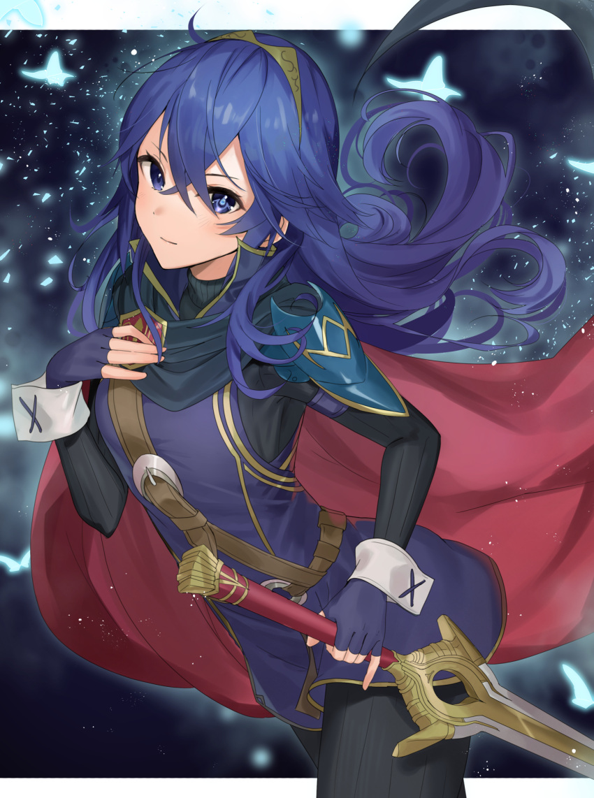 1girl armor belt black_sweater blue_cape blue_eyes blue_gloves blue_hair blush brown_belt cape closed_mouth commentary falchion_(fire_emblem) fingerless_gloves fire_emblem fire_emblem_awakening floating_hair gloves hair_between_eyes haru_(nakajou-28) highres holding holding_sword holding_weapon long_hair looking_at_viewer lucina_(fire_emblem) pauldrons red_cape ribbed_sweater shoulder_armor solo sweater sword symbol-only_commentary tiara turtleneck turtleneck_sweater two-tone_cape weapon